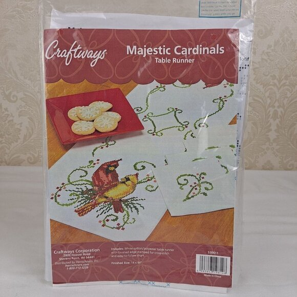 Craftways Majestic Cardinals Table Runner Stamped Cross Stitch Pattern - Picture 1 of 5
